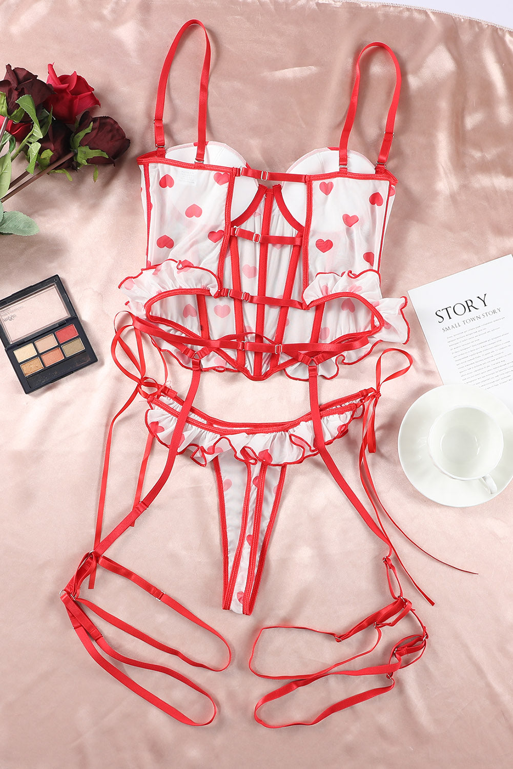 Heart Print Ruffled Strappy Three-piece Lingerie Set