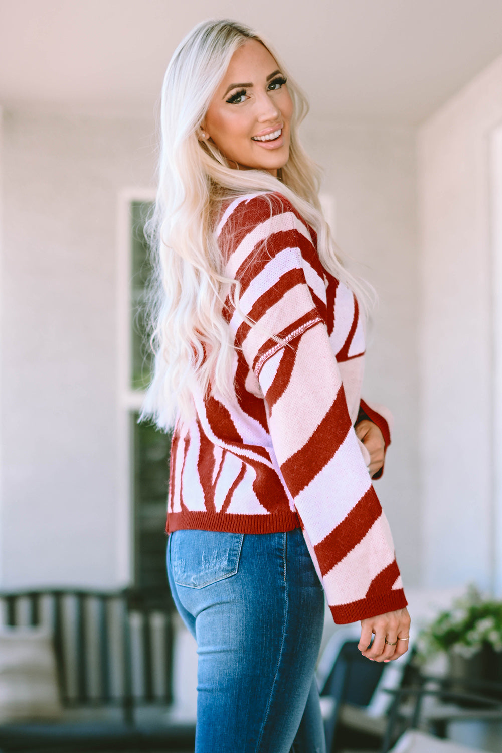 Mix Pattern Knit Ribbed Trim Oversize Sweater