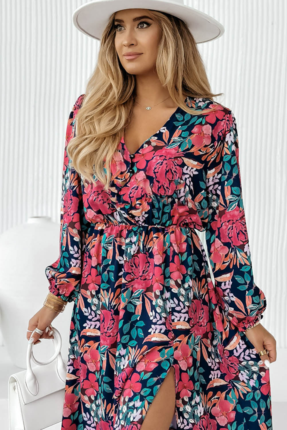 V Neck Elastic High Waist Split Floral Dress