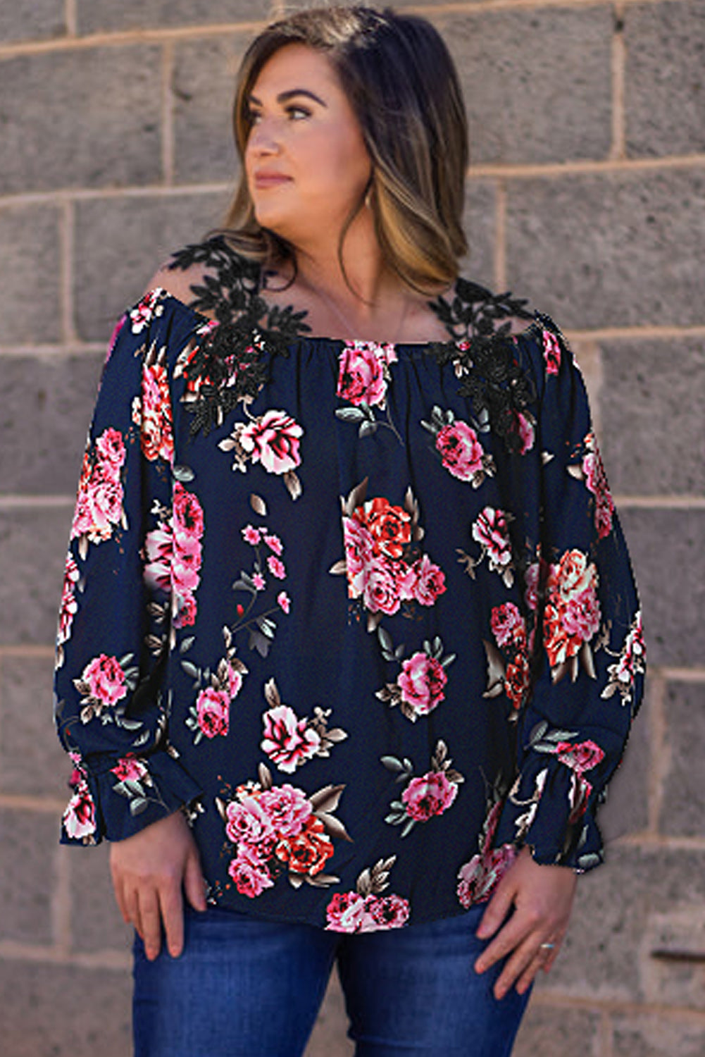 Plus Size Crochet Detail Cold shoulder Floral Blouse