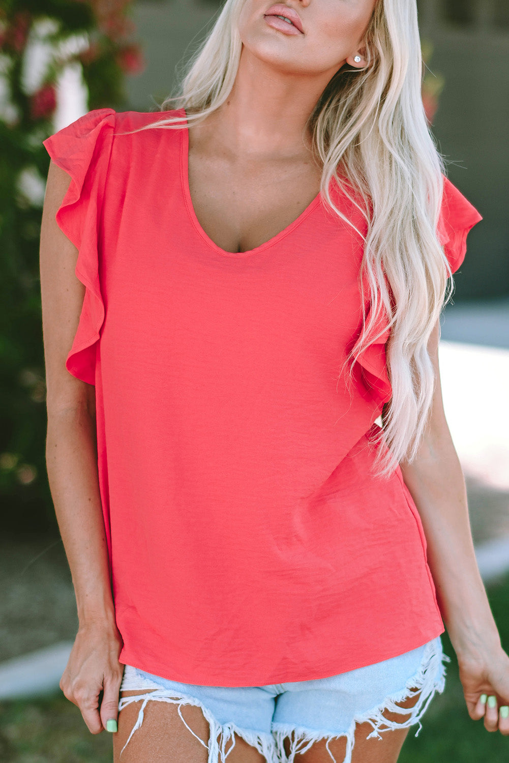 V Neck Ruffle Sleeve Loose Top