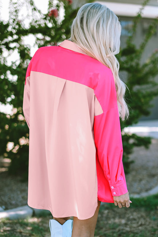 Chemise oversize rose en patchwork de blocs de couleurs