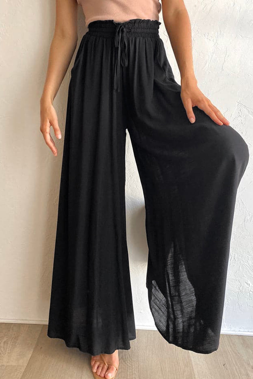 Gray Drawstring Smocked High Waist Wide Leg Pants