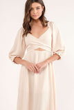 Beige Puff Sleeve Cross Tie Cut Out Maxi Dress