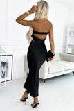 Robe longue noire en satin dos nu avec haut tube