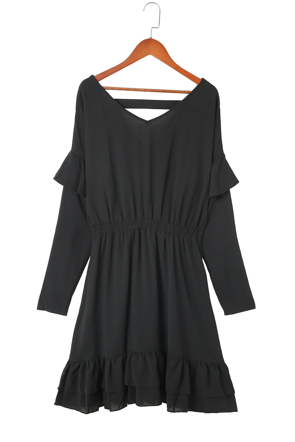 Ruffled V Neck Cut-out Back Elastic Waist Dress