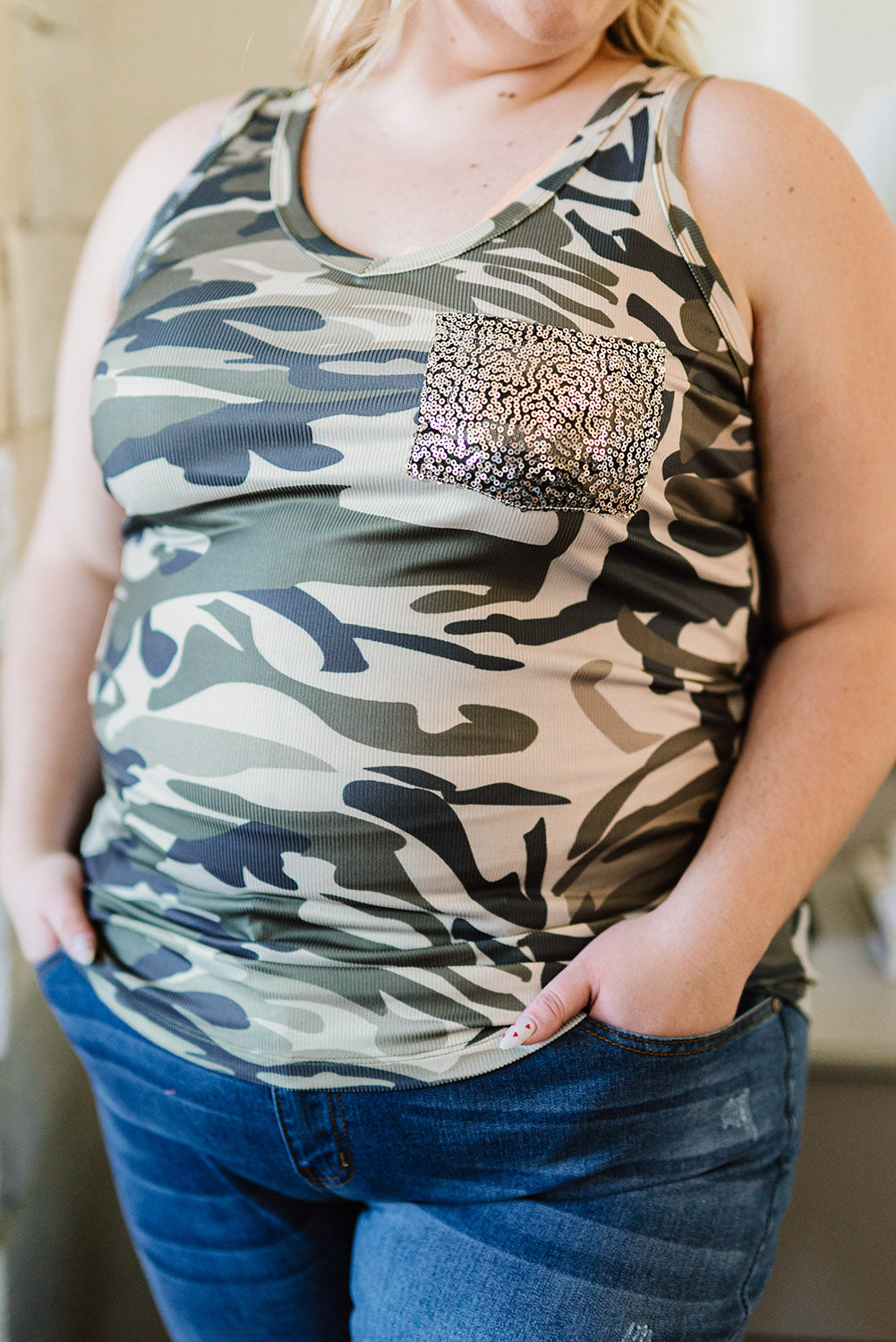 Sequin Pocket Camouflage Plus Size Vest