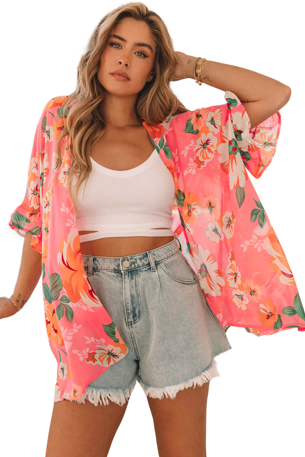 Floral Print Ruffled 3/4 Sleeve Loose Fit Kimono