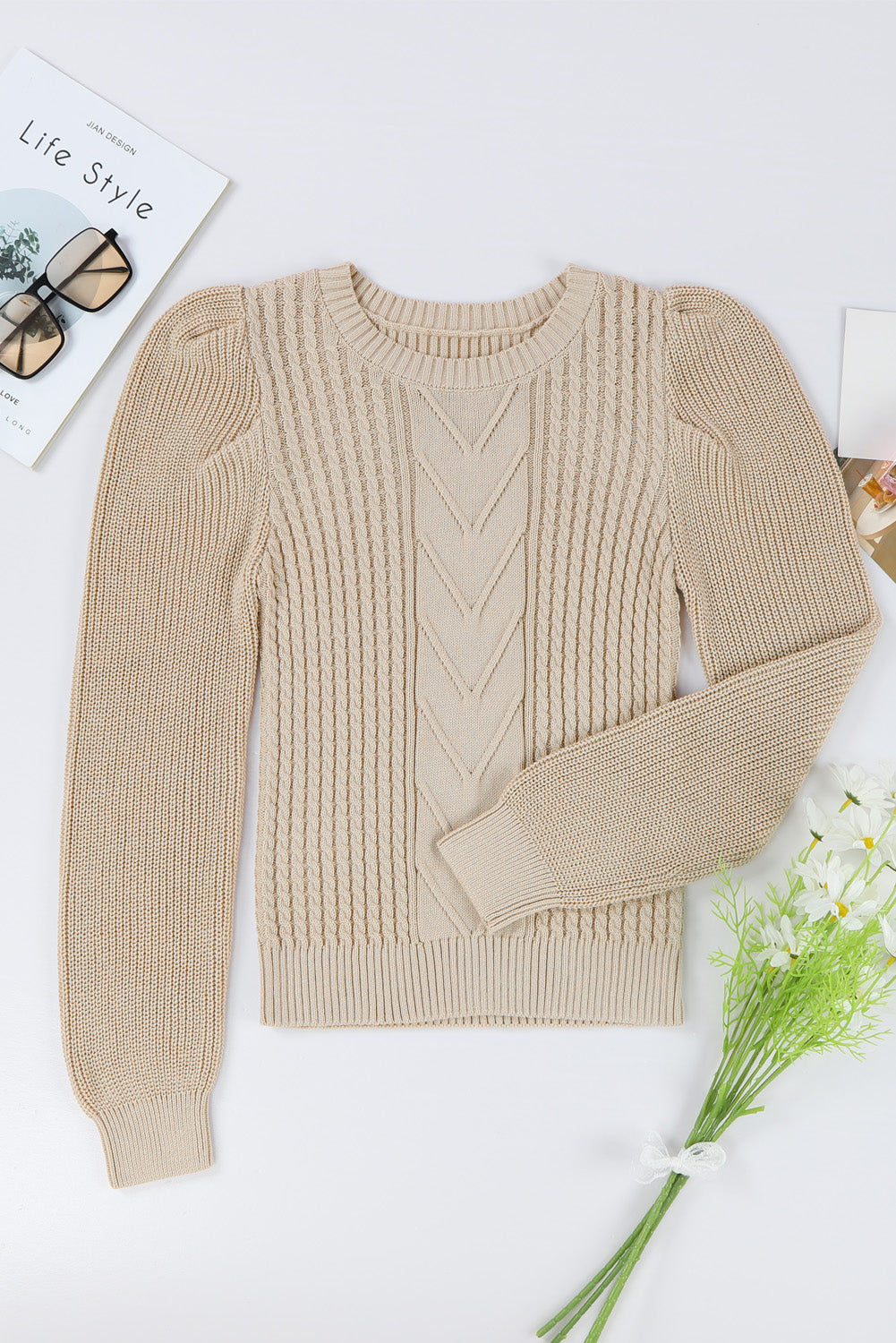 Cable Ribbed Knit Mix Pattern Puff Sleeve Sweater