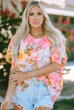 Pink Floral Print Tiered Ruffled Long Sleeve Blouse