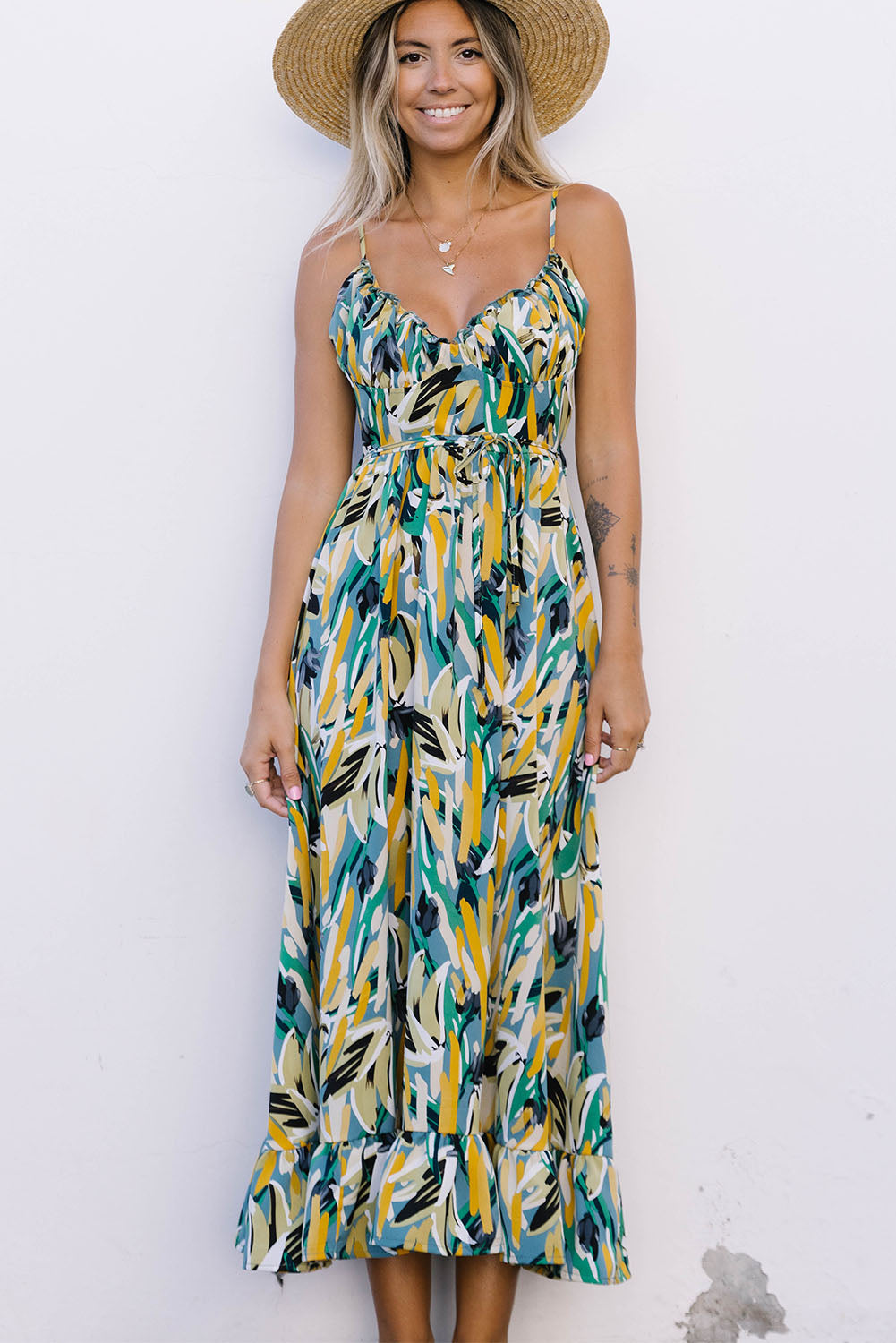 Abstract Printed Spaghetti Straps Ruffle Maxi Dress