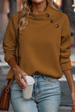 Chestnut Quilted Buttoned Neckline Stand Neck Pullover Sweatshirt