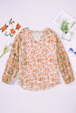 Green Floral Print V Neck Long Puff Sleeve Top