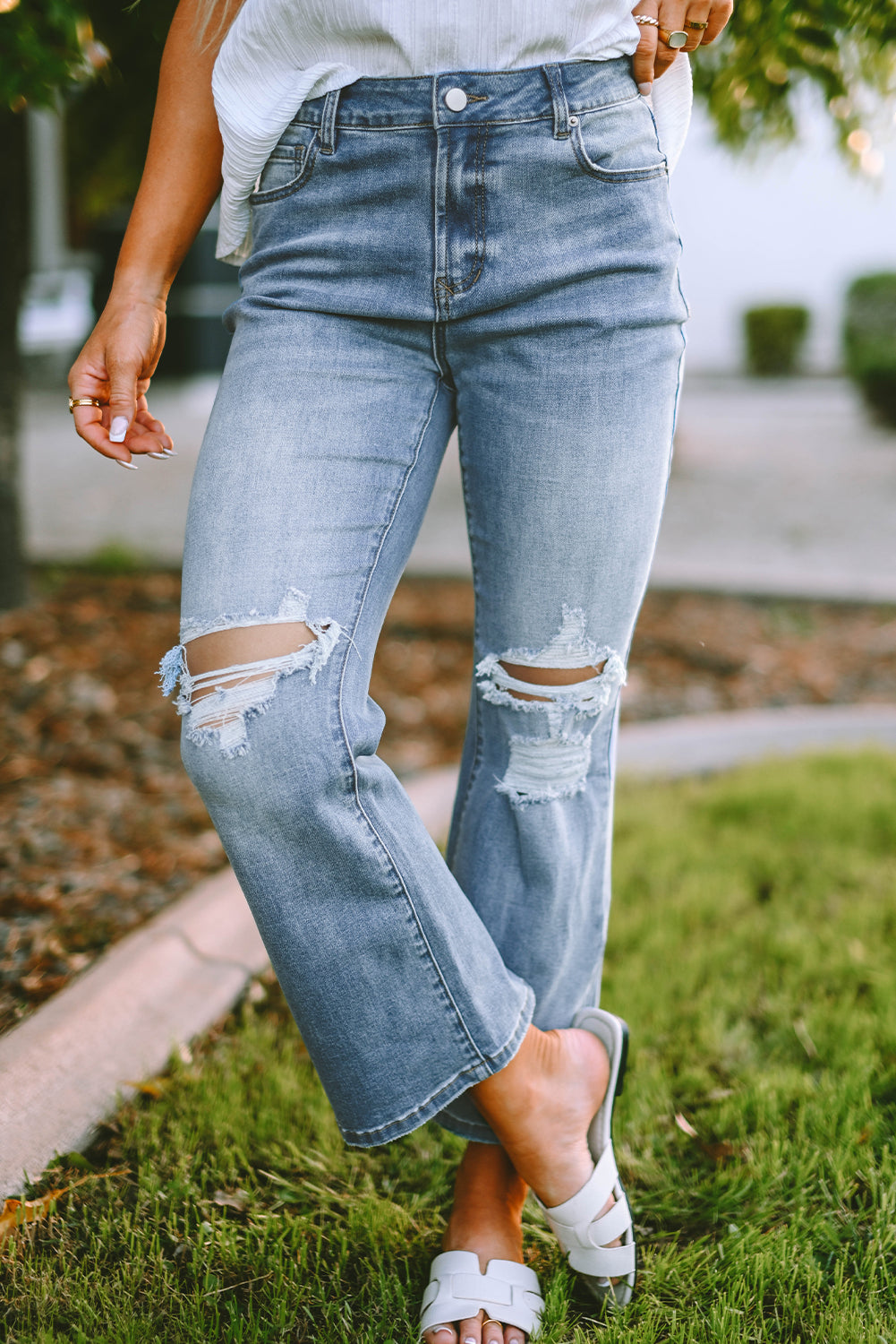 Sky Blue Distressed Ripped Flare Jeans