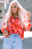 Floral Print Split Neck Tassel Tie Blouse