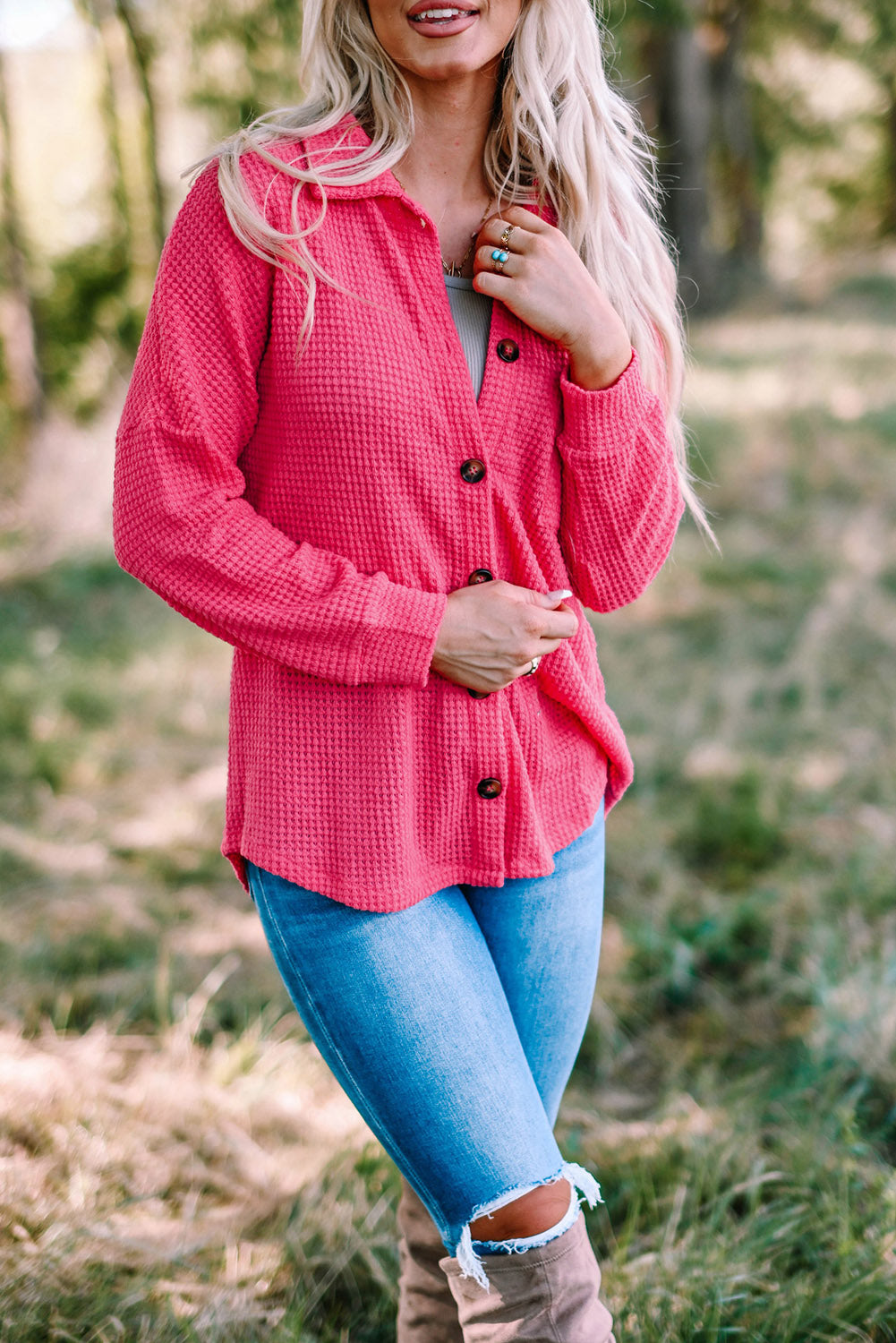 Chemise décontractée boutonnée en tricot gaufré noir