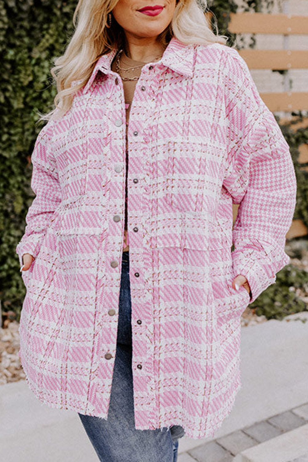 Plus Size Tweed Plaid Houndstooth Print Jacket