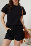 Black Textured Loose Fit T Shirt and Drawstring Pants Set