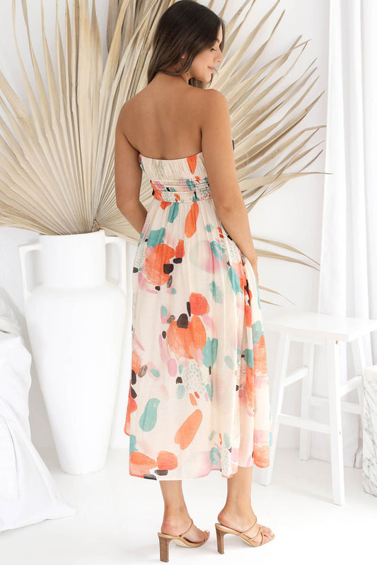 Strapless Shirred Abstract Print Split Long Dress