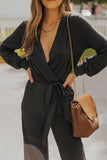 V Neck Wrap Waist Tie Long Sleeve Jumpsuit