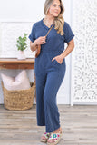 Sail Blue Ribbed V Neck Tee and Pants Plus Size Set