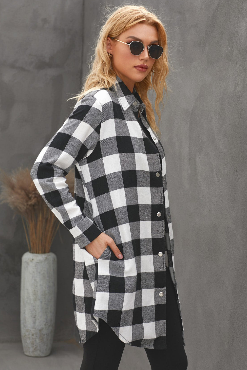 Brown Turn-down Collar Plaid Shirt Coat