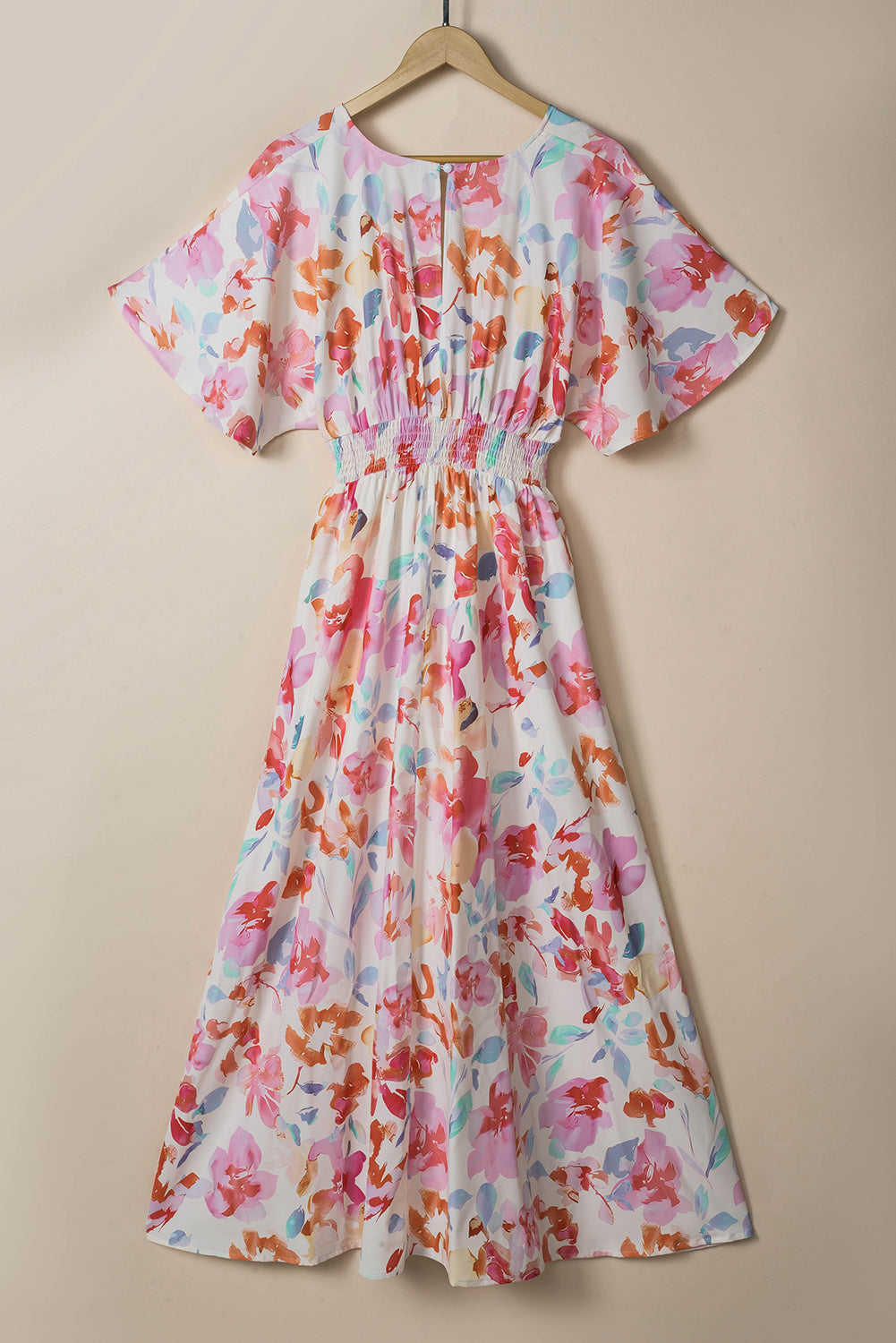 Tropical Floral Print Ruched V Neck Maxi Dress