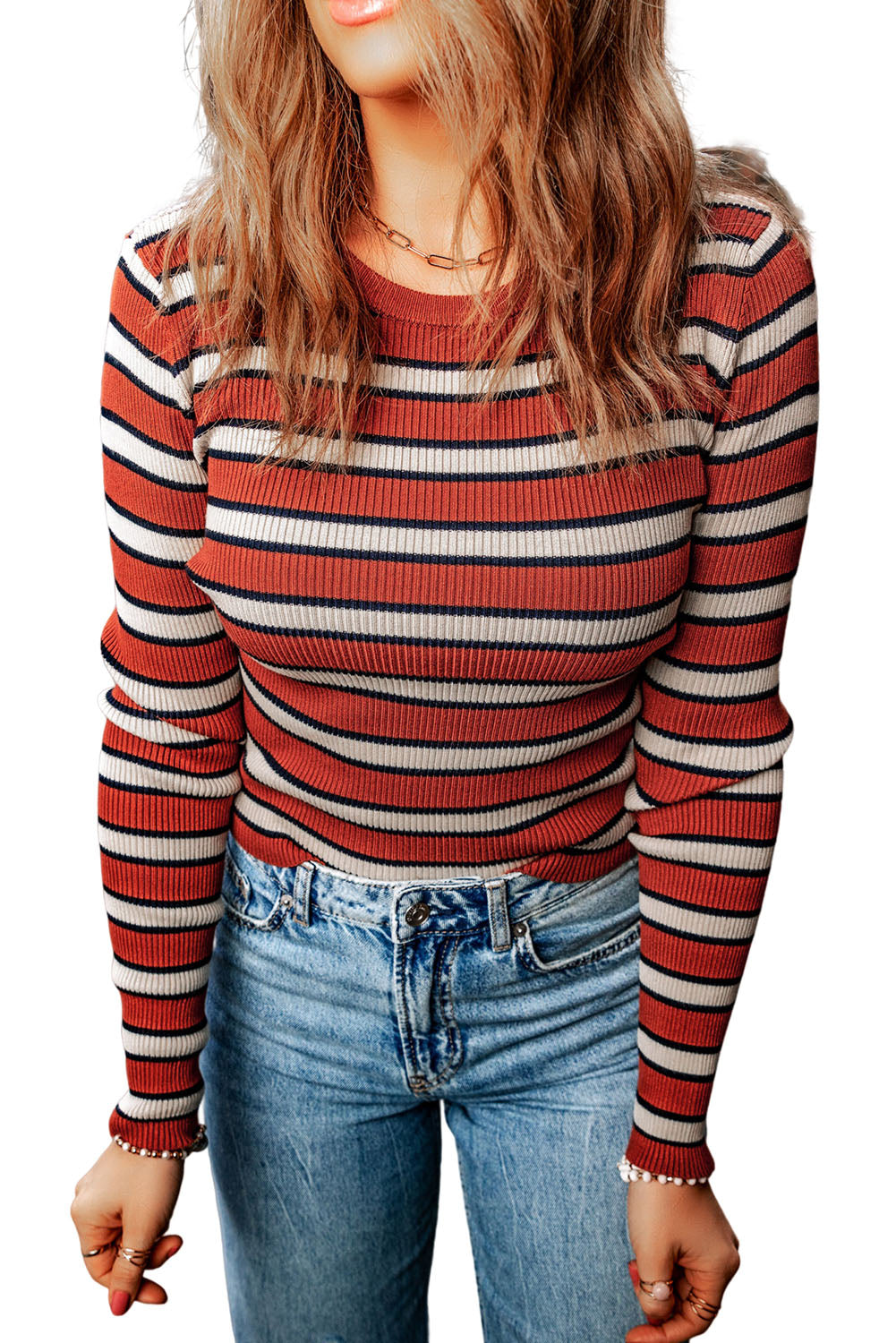 Striped Print Ribbed Knit Slim Fit Top