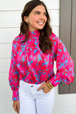 Purple Printed Bubble Sleeve Mock Neck Blouse