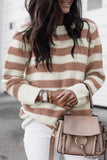 Brown Striped Round Neck Casual Sweater