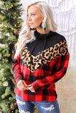 Chevron Plaid Leopard Patchwork Turtleneck Sweatshirt