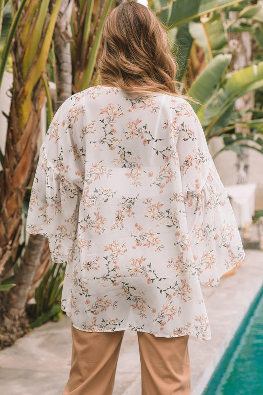 Floral Print Ruffled Long Sleeves Kimono