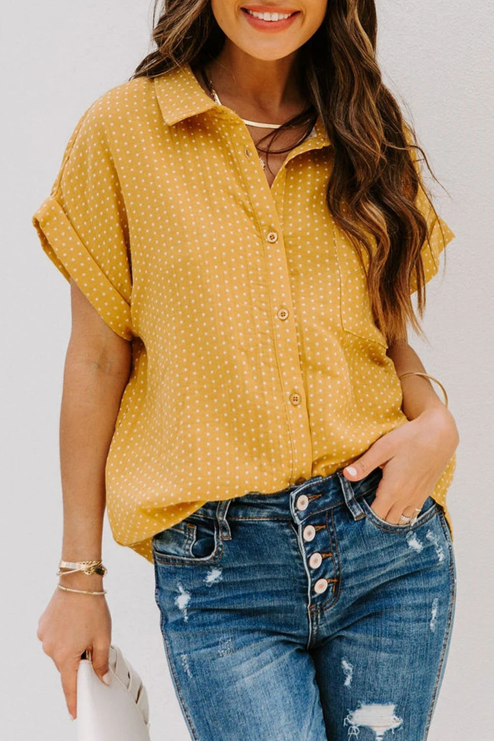 Rolled Short Sleeve Polka Dot Print Shirt