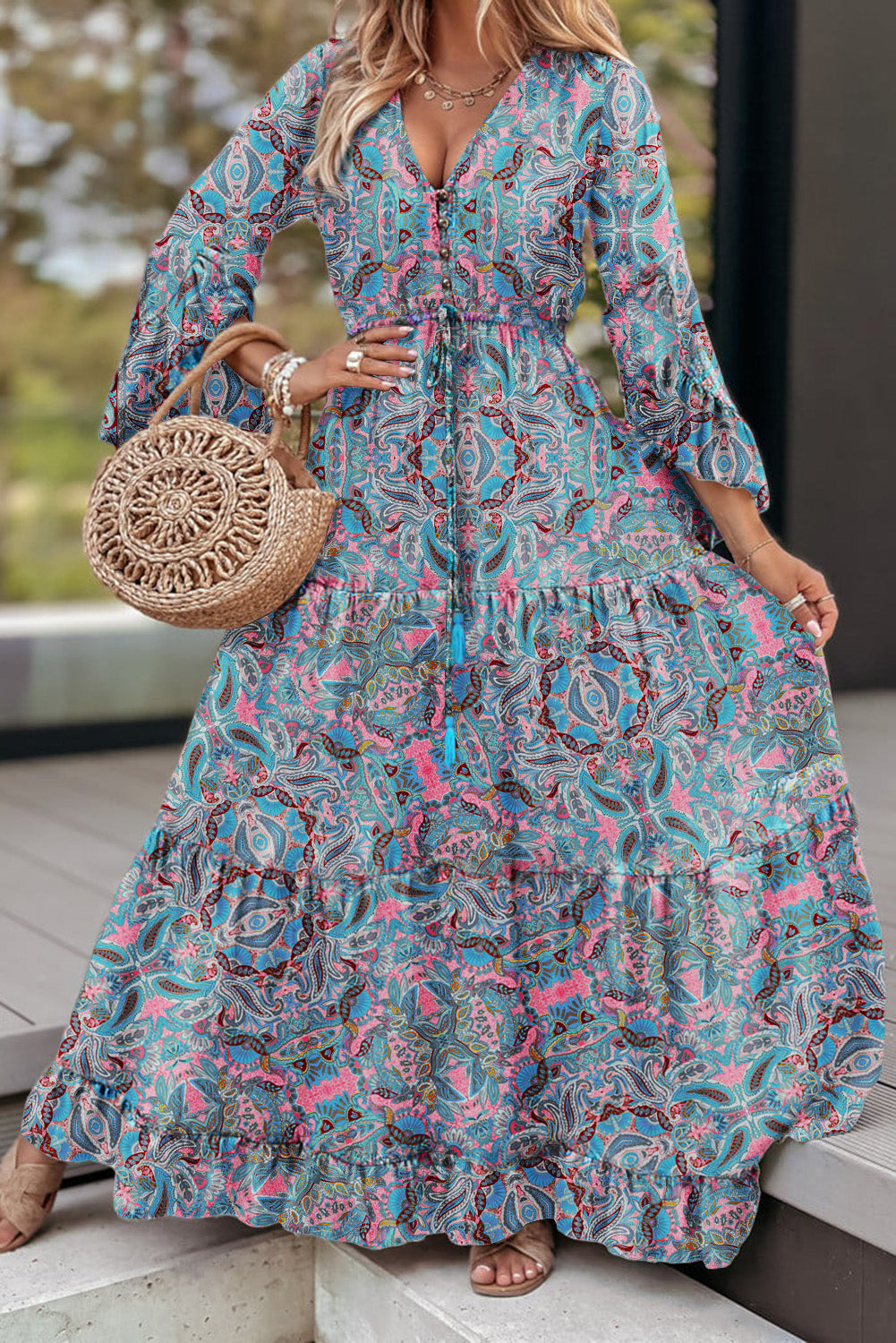 Green Paisley Printed Ruffle Trim Elegant Maxi Dress