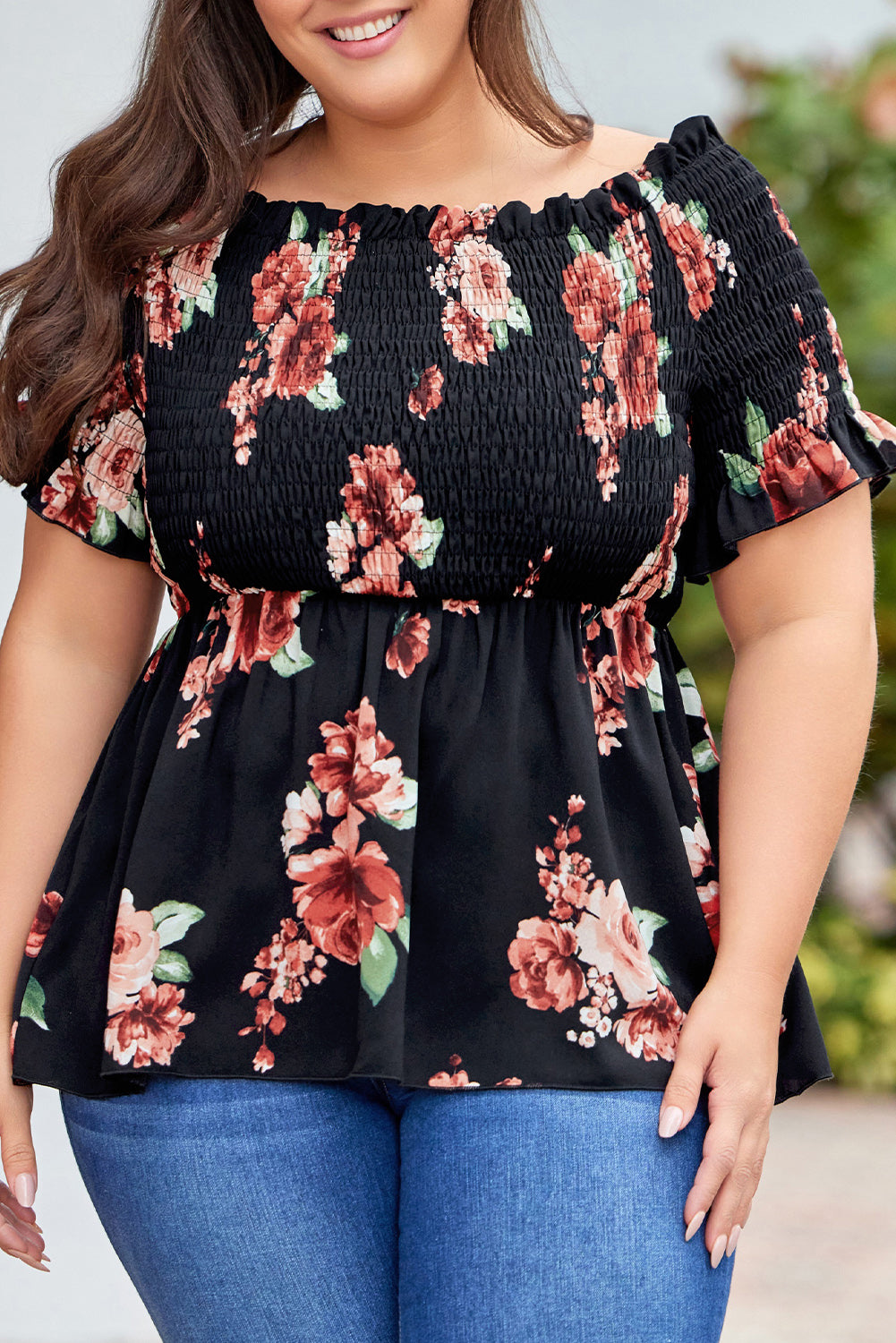 Floral Smocked Off Shoulder Plus Size Blouse