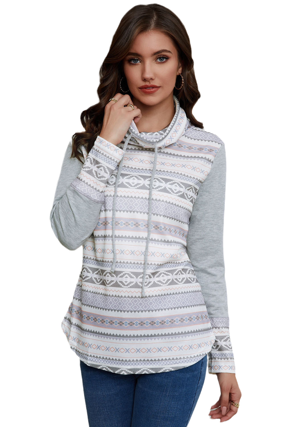 Aztec Print Waffle Knit Cowl Neck Sweatshirt