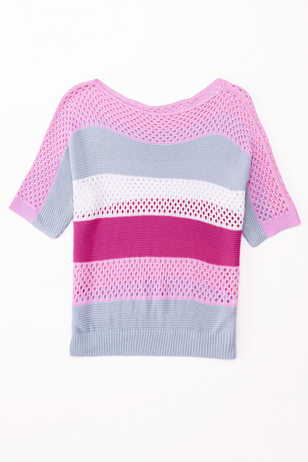 Knitted Eyelet Colorblock Striped Half Sleeves Top