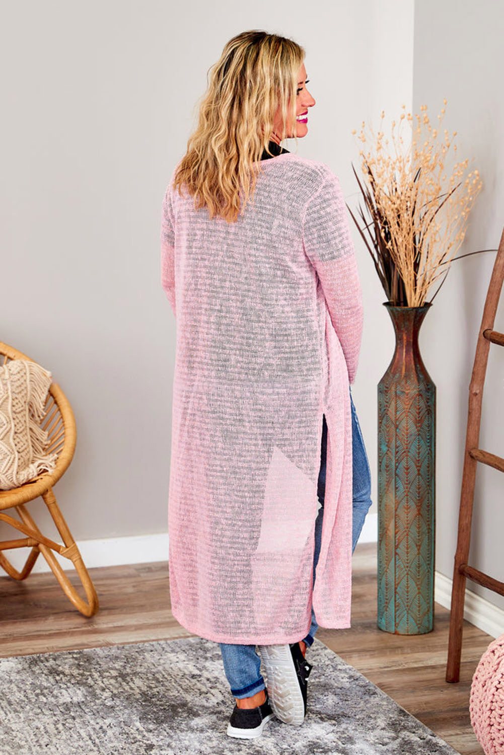 Sheer Knitted Long Side Slit Plus Size Cardigan