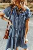 Buttoned Frayed Pocket Short Sleeve Denim Dress