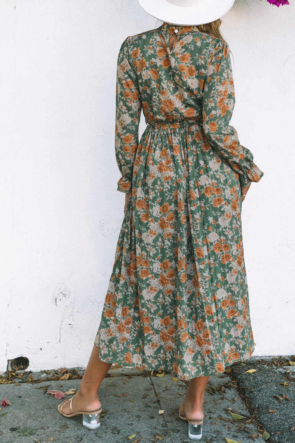 Pleated Long Sleeve Maxi Floral Dress with Tie