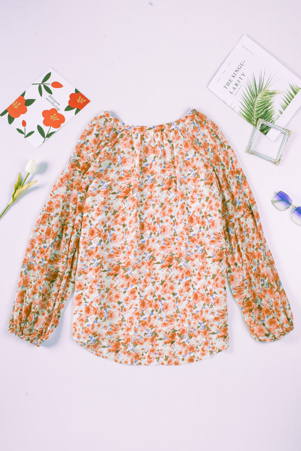 Green Floral Print V Neck Long Puff Sleeve Top