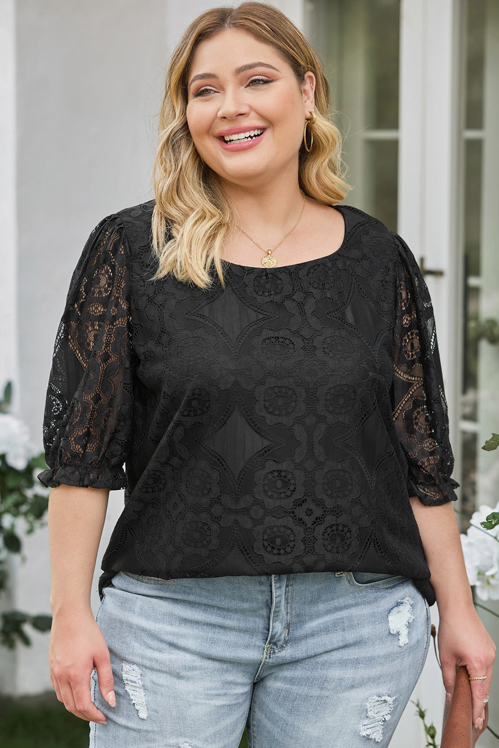 Plus Size Lace Crochet Square Neck Blouse