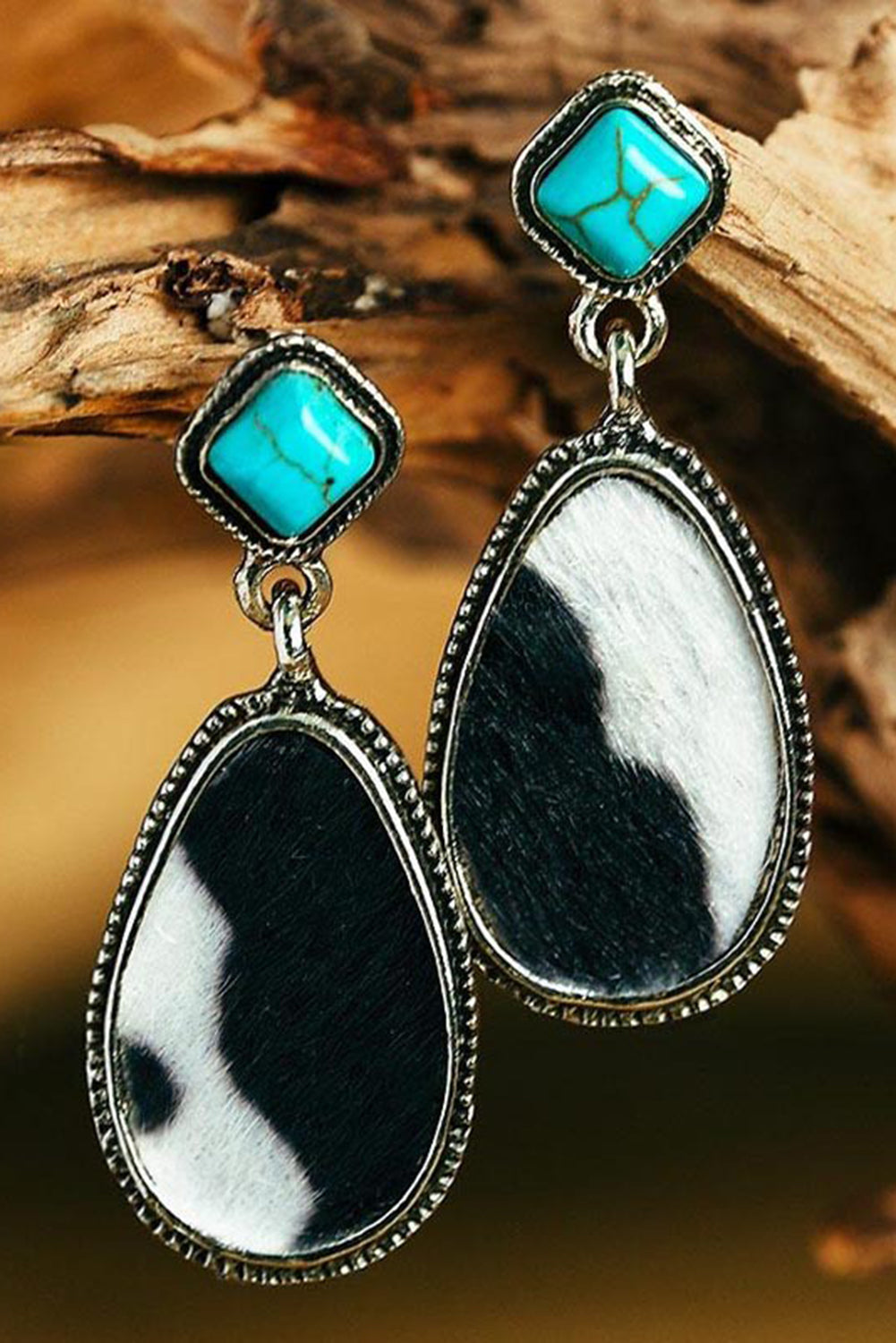 Boucles d'oreilles pendantes turquoise à imprimé vache