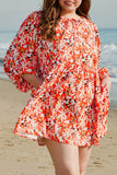 Orange Floral Print Split V Neck Bubble Sleeve Plus Size Midi Dress