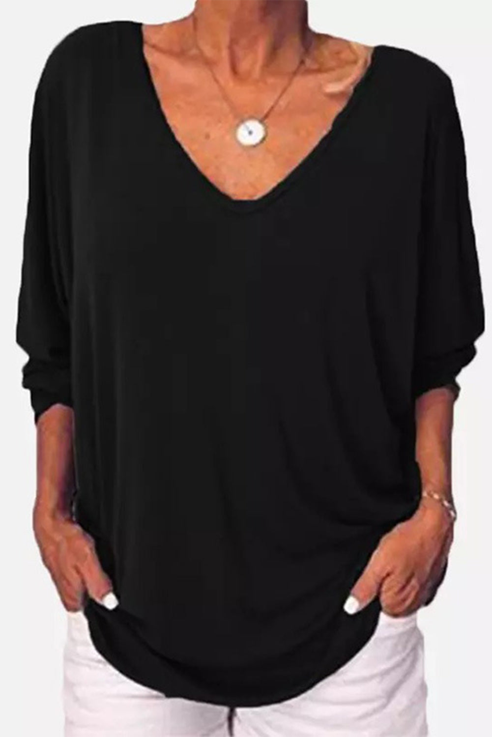 Button Decor Loose Fit V Neck Top