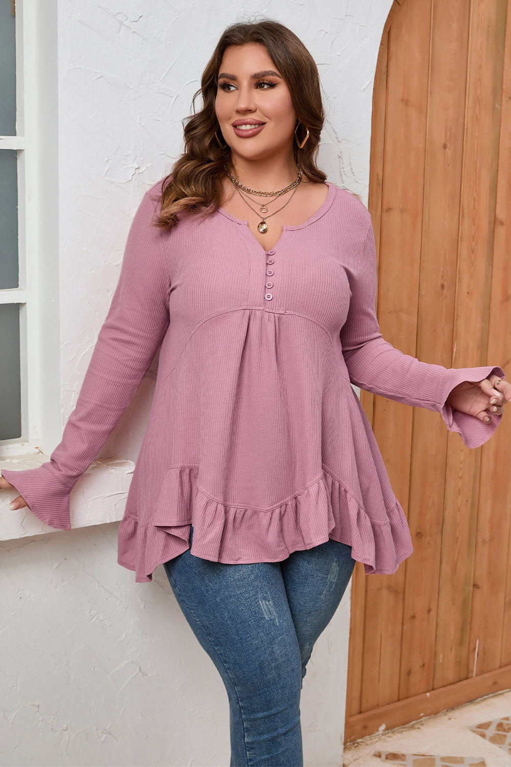 Plus Size Ruffled Waffle Knit Babydoll Top