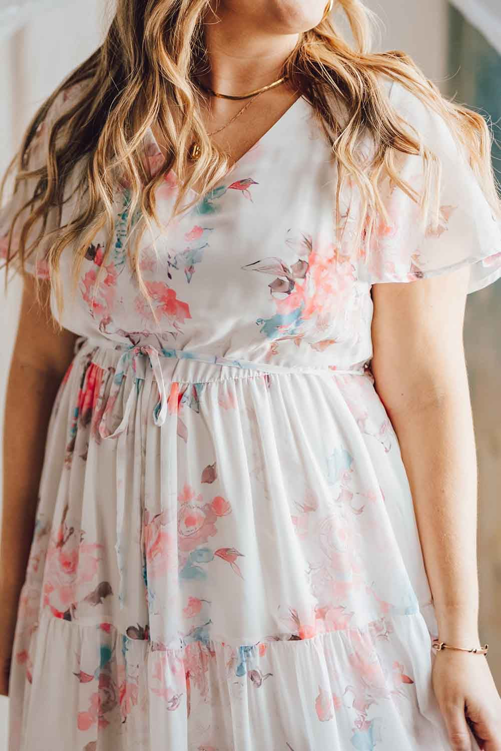 V Neck Short Sleeves Floral Print Maxi Dress