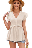 V-Neck Ruffled Sleeve Buttoned Frilled Blouse