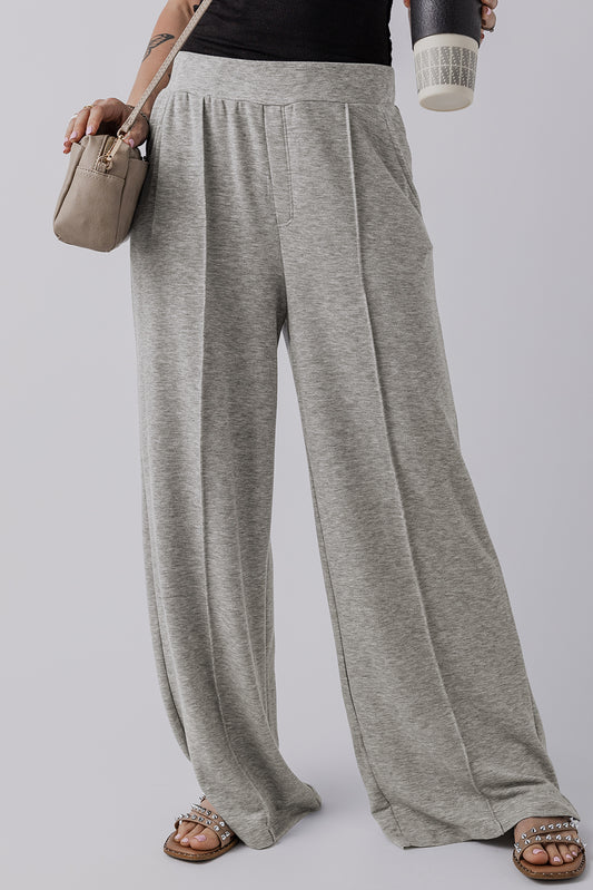 Medium Grey Central Seam Wide Leg High Waist Knit Casual Pants