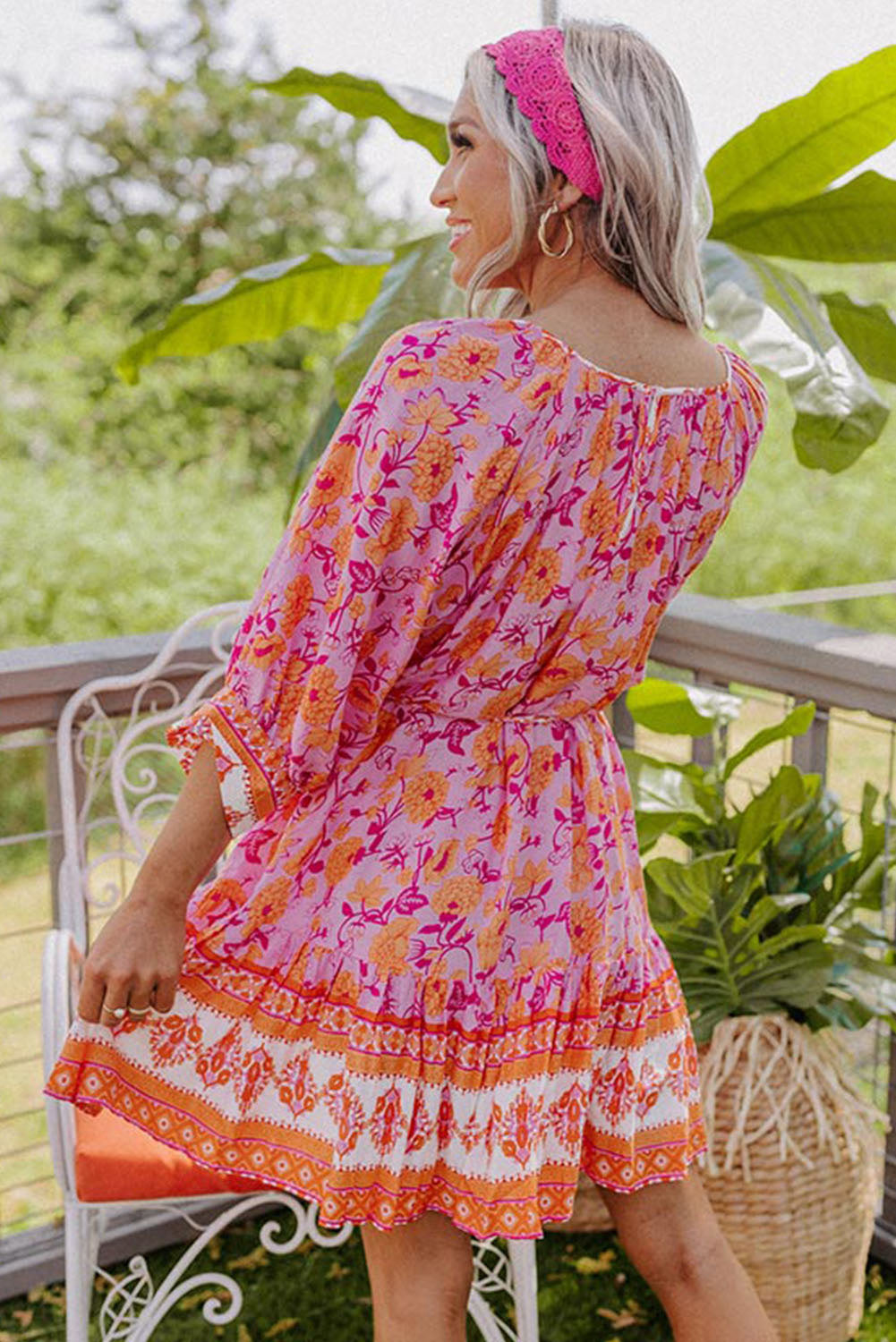 3/4 Sleeve Boho Floral Belted Mini Dress